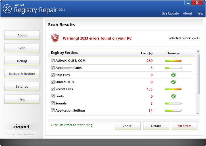 Click to view Simnet Registry Repair 2011 Tool 3.1.1.5 screenshot