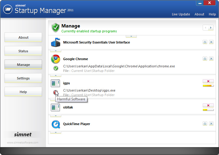 Click to view Simnet Startup Manager 2011 Tool 3.2.2.5 screenshot